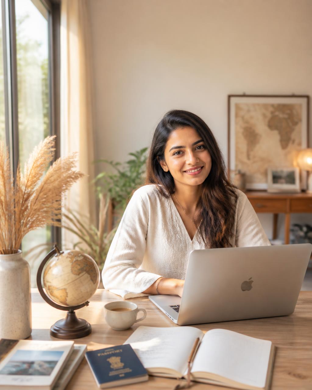 Woman running her travel business from a bright home workspace